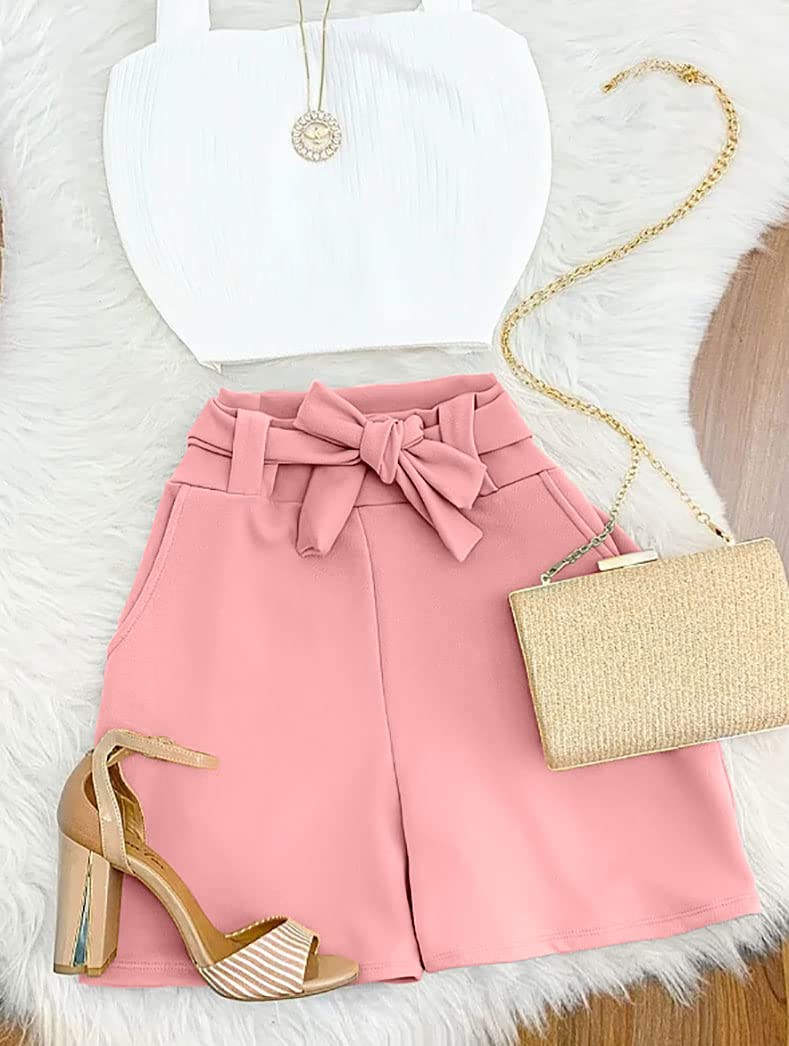 GOBLES Womens Summer Casual Shorts High Waist Ruffle Bow Tie Shorts Pink - Image 3